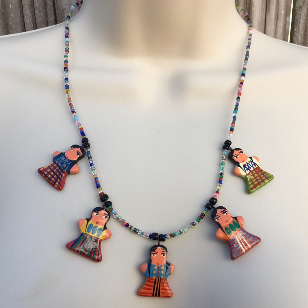Colorful South American Native Beaded Necklace with Figurine Pendants